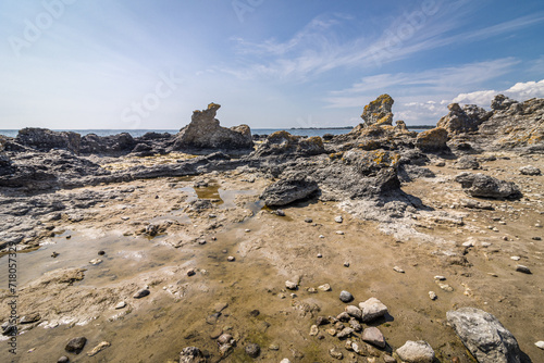 Rauks (Sea stacks) on the beach at Ljugarn, Gotland, Sweden photo