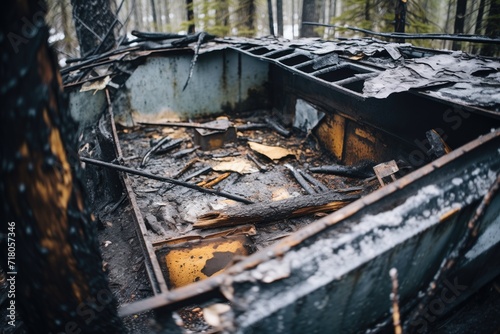 charred remains of a forest cabin