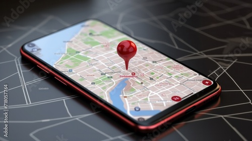 Smartphone with map, 3D Map pins, GPS, navigator pin checking points, 3D World Map icon, technology and application mobile smart phone with mobile, delivery tracking, transportation, generate by AI