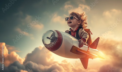 Happy Boy riding  space rocket in the sky photo