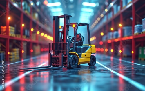 Big distribution warehouse with a forklift for loading goods. photo