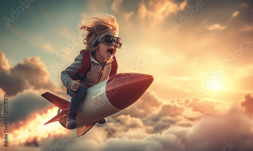 Creative child riding a rocket in the sky