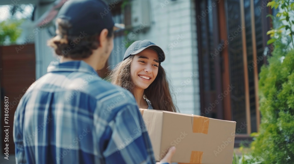 Happy smiling woman receives boxes parcel from courier in front house. Delivery man send deliver express. online shopping, paper containers, takeaway, postman, delivery service, packages.. Happy smiling woman receives boxes parcel from courier in front house. Delivery man send deliver express. online shopping, paper containers, takeaway, postman, delivery service, packages..