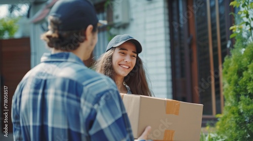 Happy smiling woman receives boxes parcel from courier in front house. Delivery man send deliver express. online shopping, paper containers, takeaway, postman, delivery service, packages.. © pinkrabbit