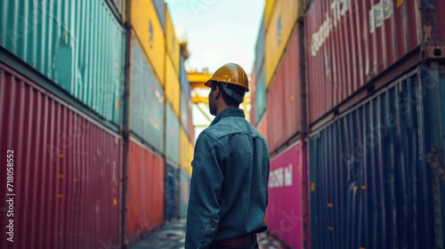 Wallpaper Mural Hispanic man harbor worker and control loading containers at container warehouse. container yard port of import and export goods, container, import and export goods, industrial, transportation Torontodigital.ca
