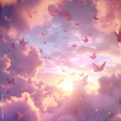 3d pink cloud with lollipop,  strawberries, butterflies, candy, fantasy, dreamland, surreal	 photo