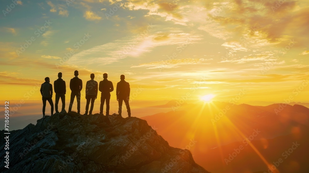 Silhouette of business team stand and feel happy on the most hight at the mountain on sunset, success, leader, teamwork, target, Aim, confident, achievement, goal, on plan, finish, generate by AI