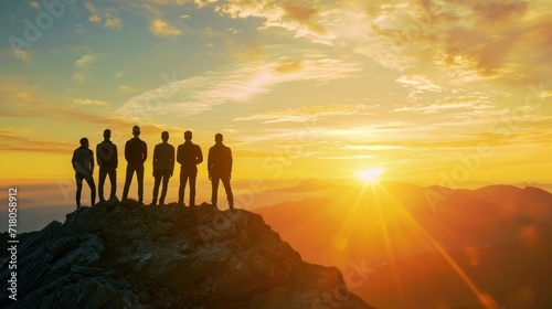 Silhouette of business team stand and feel happy on the most hight at the mountain on sunset  success  leader  teamwork  target  Aim  confident  achievement  goal  on plan  finish  generate by AI