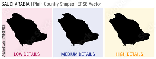 Saudi Arabia - plain country shapes. Low, medium, and high detailed maps of Saudi Arabia. EPS8 Vector illustration.