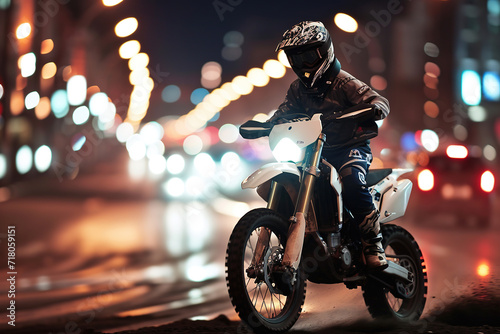 motocross rider biker driving on a motorcycle with high speed in motion. blurry lights city street road background. motorcyclist with helmet and equipment. photo
