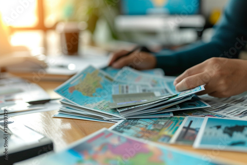 travel agent presenting a variety of travel tickets, with an organized desk and a professional blurry background, promoting travel services in a commercial setting photo