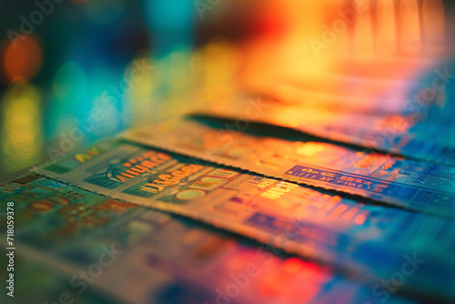 abstract patterns of various travel tickets laid out on a table, with a visually striking blurry background, creating an aesthetically pleasing commercial composition