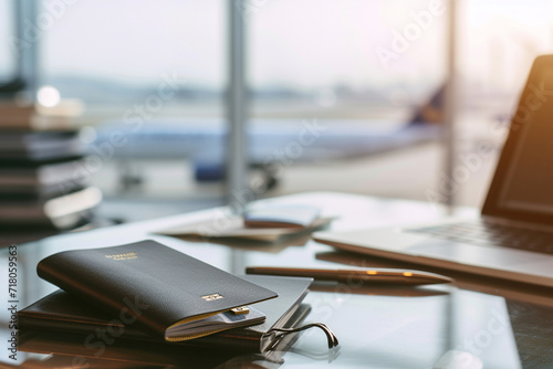 travel ticket and a stylish passport on a travel agency desk, with a sophisticated blurry background, conveying the elegance and attention to detail in commercial travel services photo