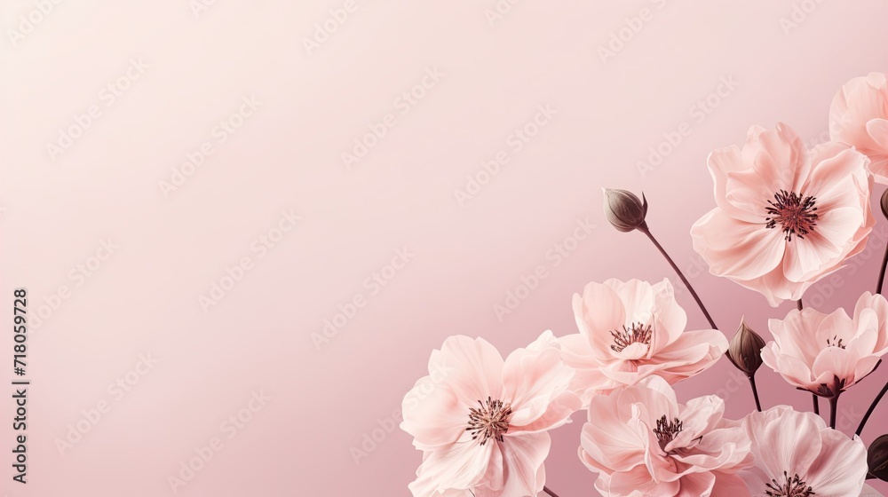 Close up pink cosmos flower in the meadow isolated on pink background with copy space. Floral border and frame for springtime or summer season. Banner style.  with copy space. invitation card, poster