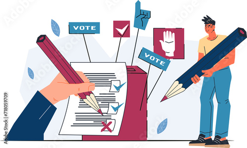 Vote elections banner to promote civic engagement. Banner to encourage voter participation in elections, flat  illustration. Election and democracy, referendum and poll choice event. photo