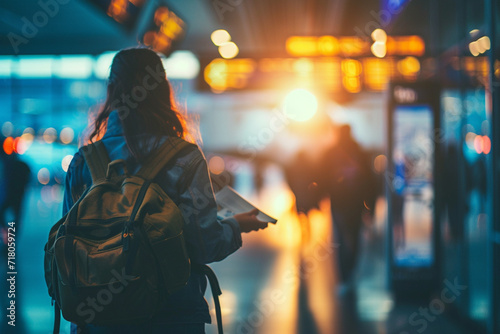 traveler confidently boarding a plane with a travel ticket in hand, with a bustling airport terminal and a dynamic blurry background, symbolizing the seamless boarding process in c photo