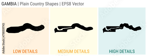 Gambia - plain country shapes. Low, medium, and high detailed maps of Gambia. EPS8 Vector illustration.