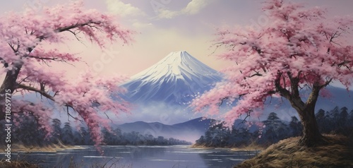 view of Mt.Fuji from the park with sakura trees oil painting of good quality and detail, image made with generative ai technology photo