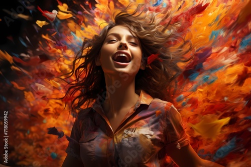Dynamic and energetic pose of a model in mid-air, surrounded by a burst of vibrant energy