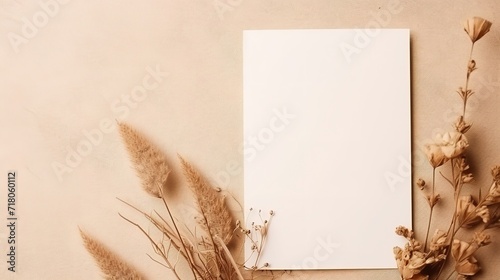 Blank greeting or invitation card mockup with botanical decor on beige background . Generative Ai photo