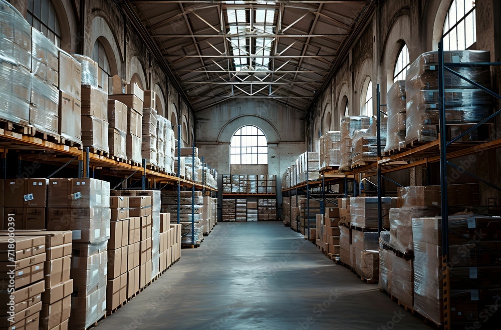 Grandiose Warehouse - Stacked Boxes and Pallets in Dark Sky-Blue and Light Gray, with Airy and Linear Design, Glass Elements, Arched Doorways, Light Brown and White Accents, Captured in Kodak Ultramax