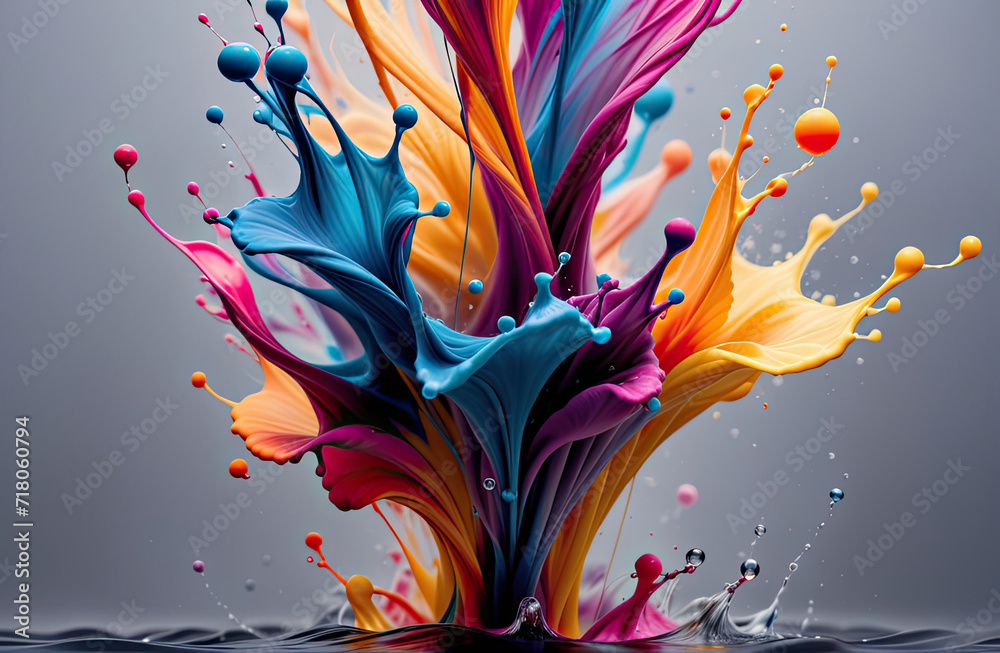 Obraz premium ink splashes and colorful bubbles, on a gray background