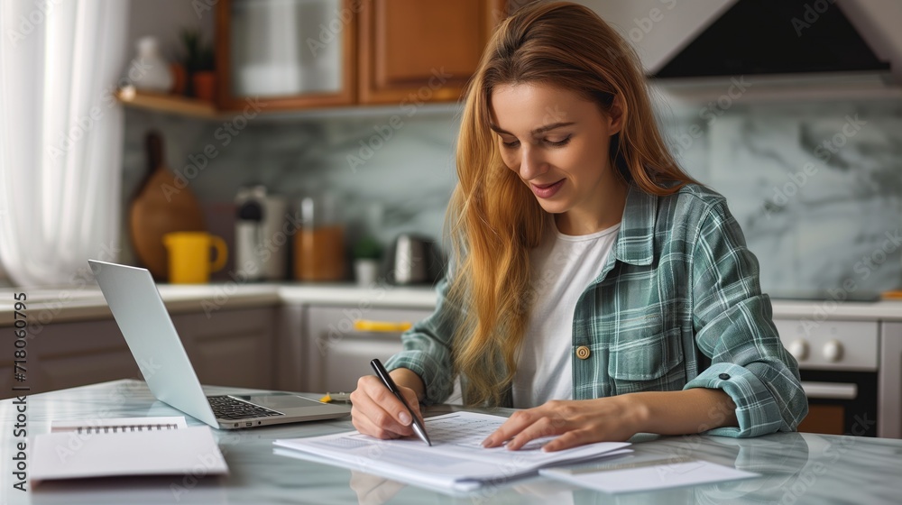 Smiling young woman calculating taxes at table in kitchen, paying household bills taxes or insurance, managing budget, calculating expenses, generative ai - obrazy, fototapety, plakaty 