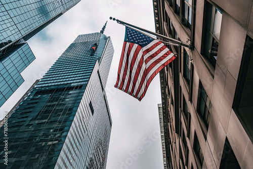 American flags hanging from skyscrapers represent unity in diversity. photo