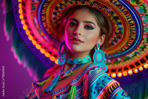 Beautiful young Latina Woman Wearing Traditional Mexican Colorful Hat and Dress celebrating cinco de mayo. 