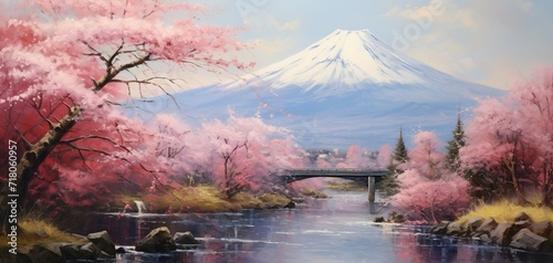 view of Mt.Fuji from the park with sakura trees oil painting of good quality and detail, image made with generative ai technology © Aleksandr