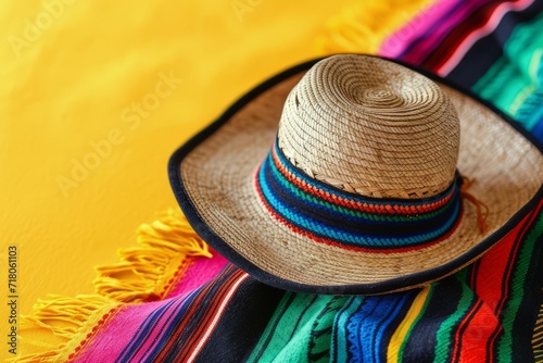 Traditional mexican  Straw Hat Resting on Colorful Blanket