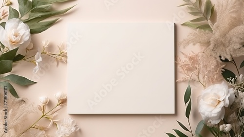Blank greeting or invitation card mockup with botanical decor on beige background . Generative Ai