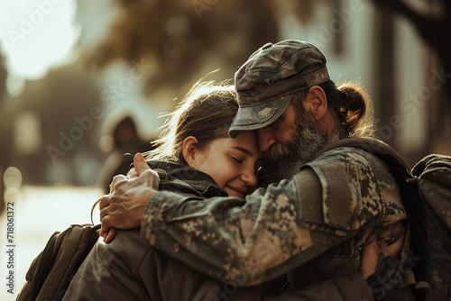 Moment of veterans reuniting, hugging, or sharing stories