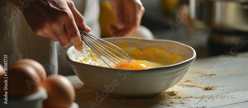 The camera zooms in to capture the closeup of a hand skillfully beating an egg in a bowl, using an egg beater, on a pristine white plank table.