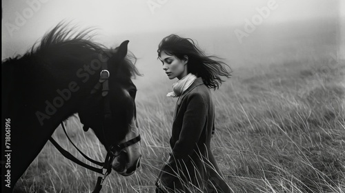 Fototapeta Naklejka Na Ścianę i Meble -  Young woman in black dress with her black horse outdoor.
