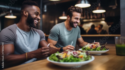 Happy athletic multiethnic friends on a fitness diet eating healthy green salad in a cafe, restaurant. Healthy lifestyle, sports, love and happiness concepts.