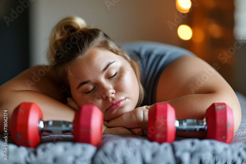 Fat woman tired to lifting weight and miss the gym ,  gym motivation  photo