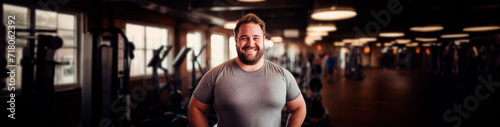 A banner with a fat man in a gray T-shirt on the background of a fitness center . A mockup of purple sportswear. A banner to advertise fitness. Advertising a healthy lifestyle and weight loss