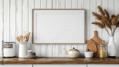 Frame mockup in farmhouse kitchen interior background. Generative Ai