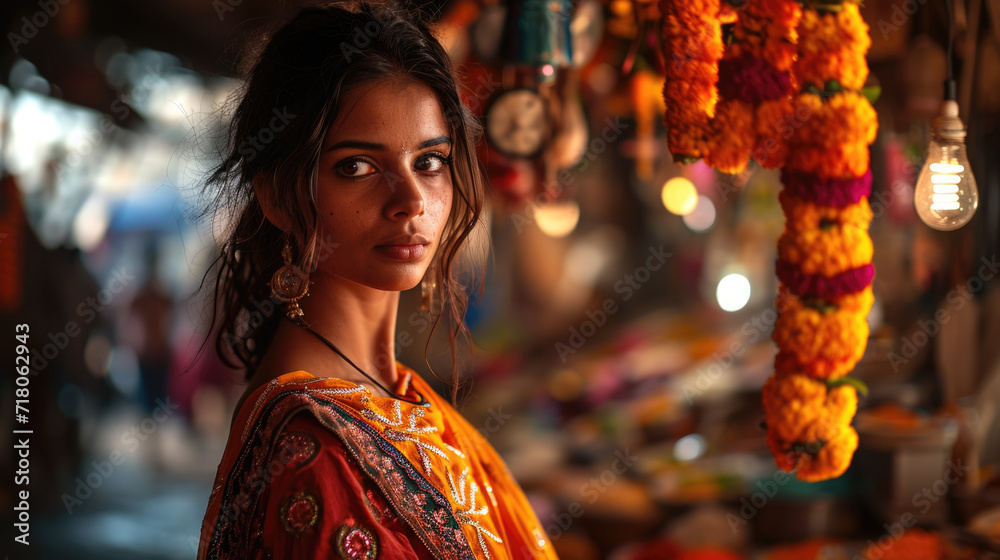 Portrait of young Indian woman in colorful sari inside traditional shop