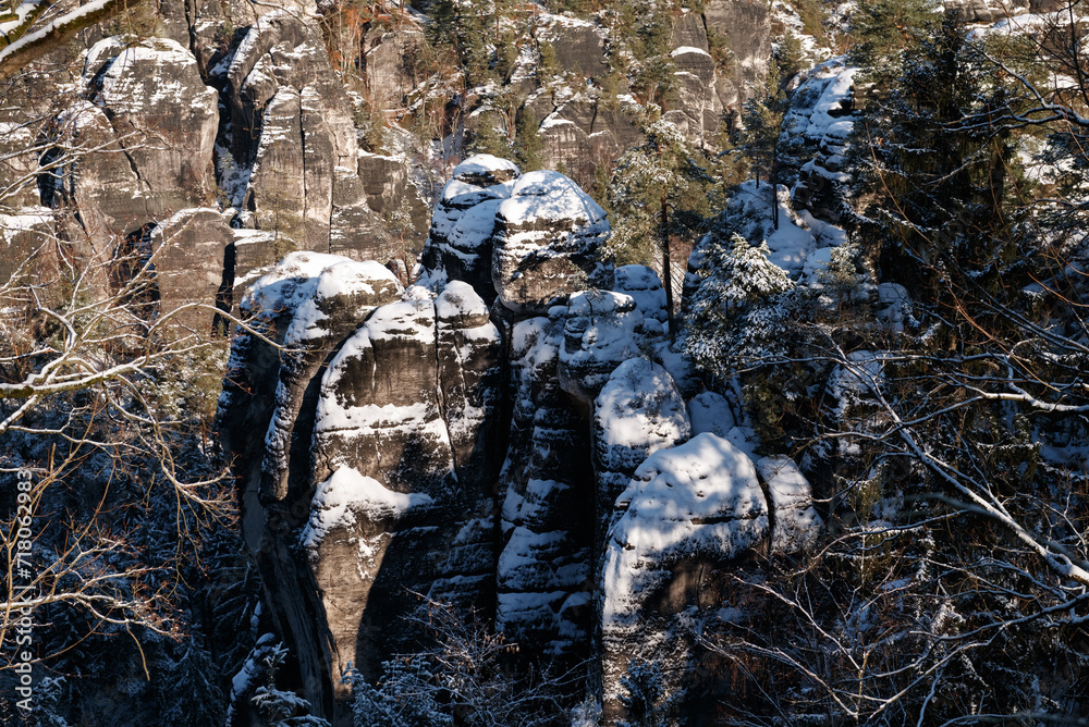 famous Bastei in saxony covered with snow. Saxon Switzerland. January 2024 famous Bastei in saxony covered with snow. Saxon Switzerland. January 2024