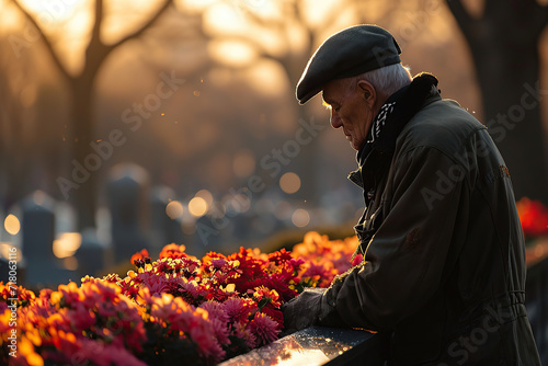 Veteran visiting a war memorial or cemetery, standing in contemplation or laying flowers to honor fallen comrades. photo