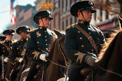 Veterans marching or riding in a parade, showcasing their pride and camaraderie amidst a patriotic celebration. photo