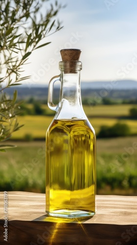 Transparent Glass Bottle Filled With Golden Yellow Oil Bathed in Sunlight on Wooden Table