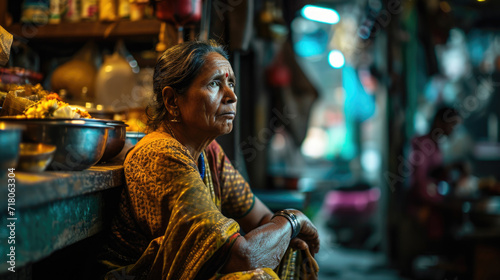 Portrait of young Indian woman in colorful sari inside traditional shop
