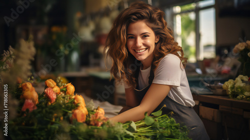 Person  cute woman in a supermarket. Cheerful young confident florist working at flower shop. Happy lifestyle. Holiday concept