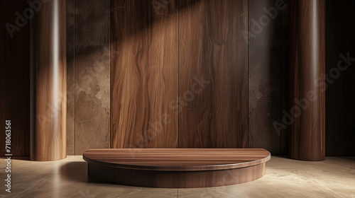 A dark brown wooden podium on quiet luxury room with marble floor background. Represent minimal, old money and quiet luxury.