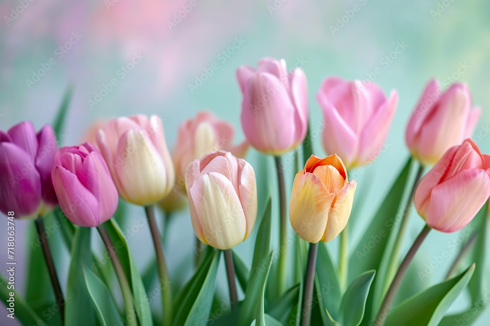 close up of bouquet of white tulips as gift for easter, anniversary, birthday, mothers day In pastel spring colours with neutral background isolated in magazine editorial postcard style copy space