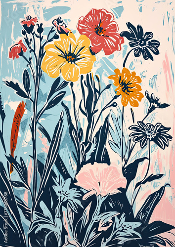 Spring seasonal linocut holiday postcard, craft floral pastel retro design