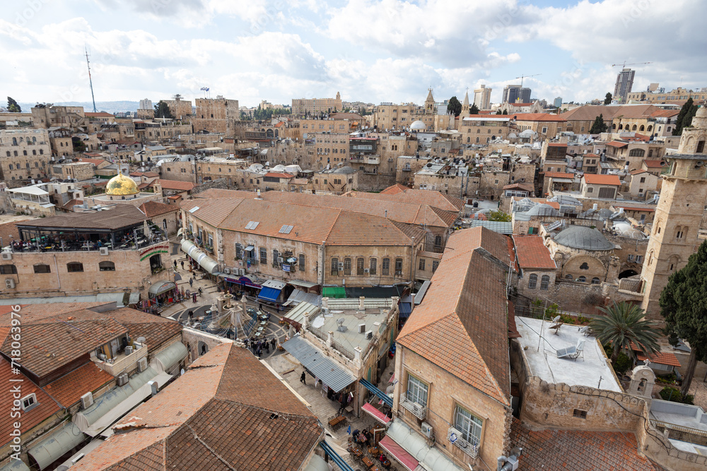 bird’s eye view panorama of the  of Jerusalem, old city fountain